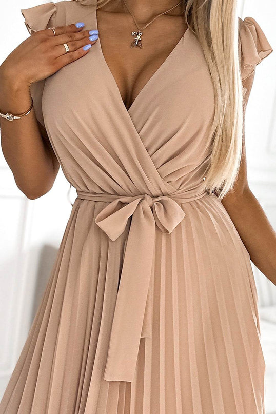 Beige Pleated Dress with Frills – Polina
