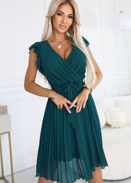 Green Pleated Dress with Ruffles – Polina