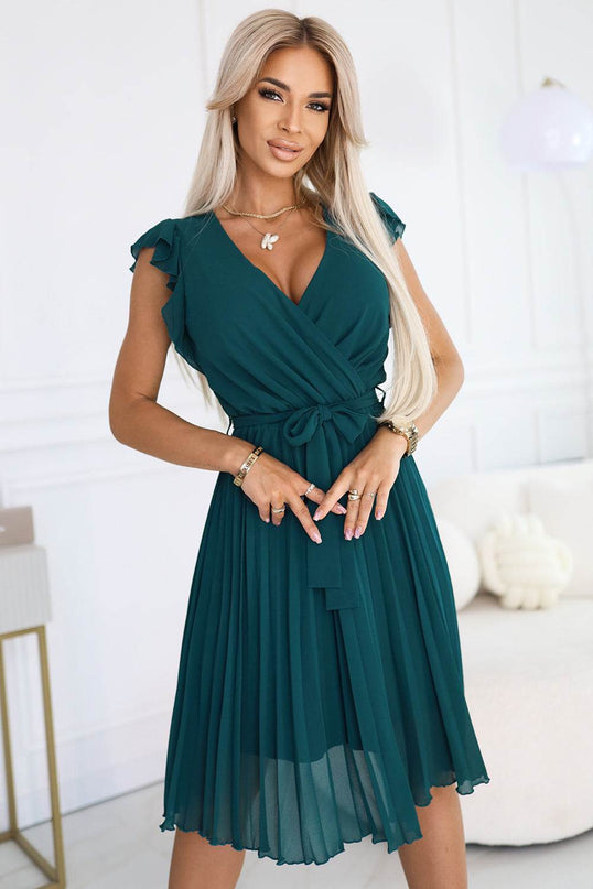 Green Pleated Dress with Ruffles – Polina