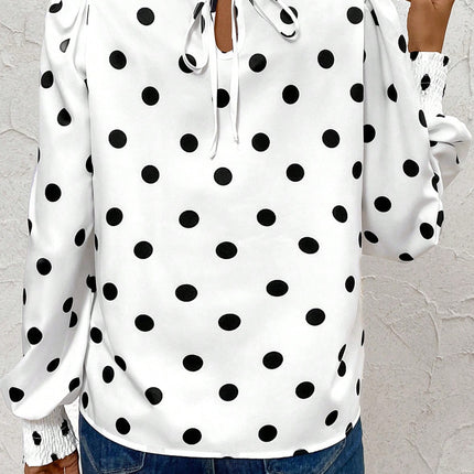 White Polka Dot Print Round Neck Frilled Long Sleeve Blouse