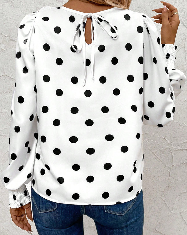 White Polka Dot Print Round Neck Frilled Long Sleeve Blouse