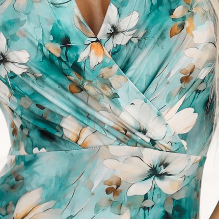20083-5-379-4 BOYKA Fitted dress with an envelope neckline - beige flowers on a turquoise background-5
