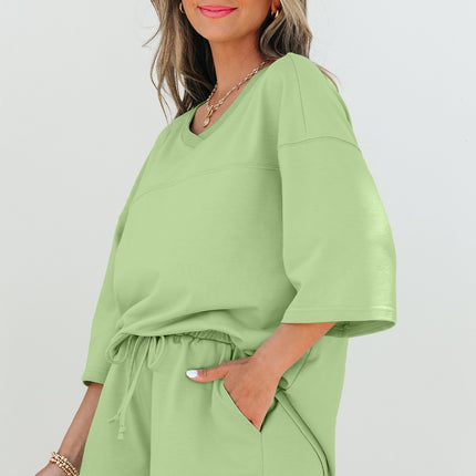 Meadow Mist Green Solid Loose V Neck Half Sleeve Tee and Shorts Set