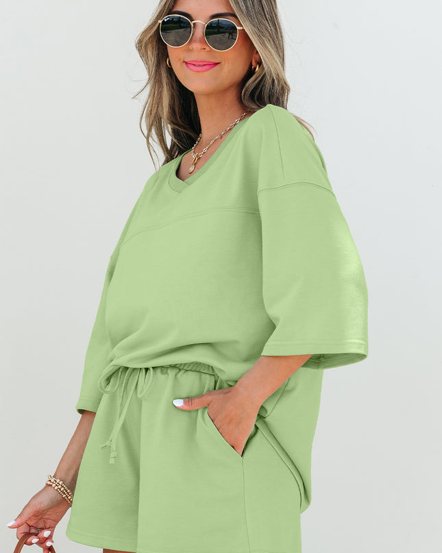 Meadow Mist Green Solid Loose V Neck Half Sleeve Tee and Shorts Set