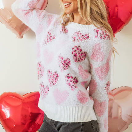 Pink Heart Leopard Print Pearled Ribbed Trim Fuzzy Sweater