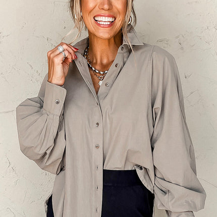 High Solid Color Balloon Sleeve Side Slits Loose Fit Shirt