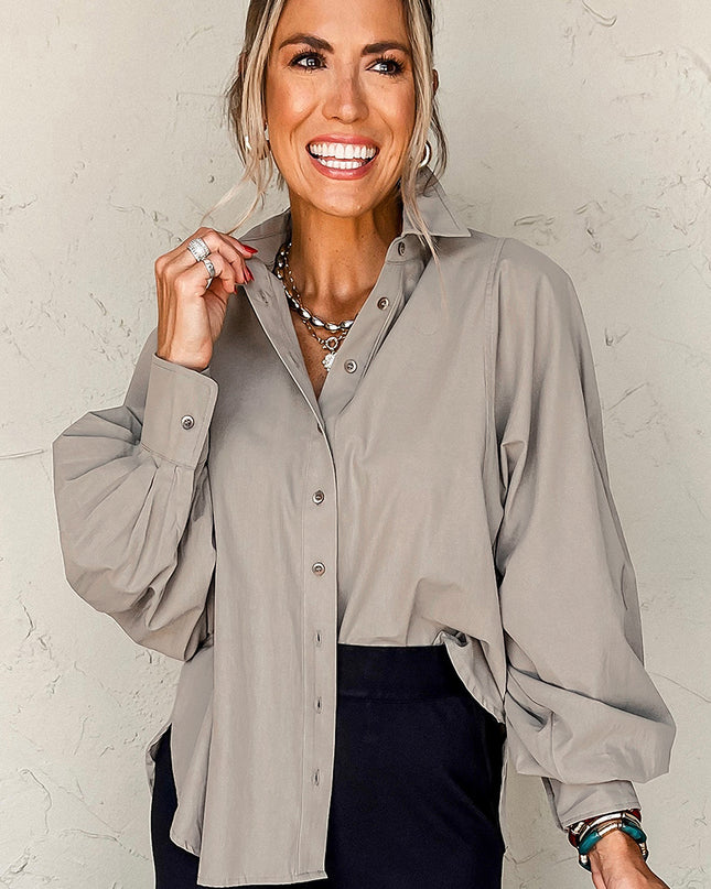 High Solid Color Balloon Sleeve Side Slits Loose Fit Shirt