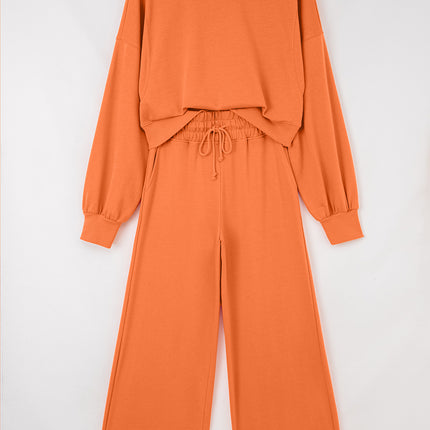 Flamingo Drop Shoulder Puff Sleeve Crop Pullover Drawstring Wide Leg Pants Set