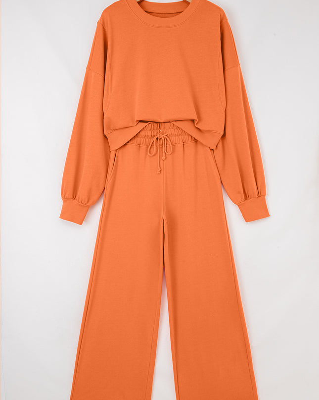 Flamingo Drop Shoulder Puff Sleeve Crop Pullover Drawstring Wide Leg Pants Set