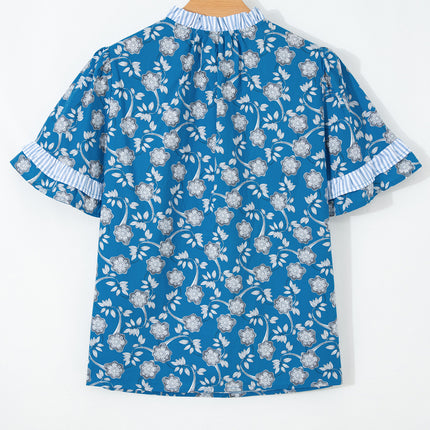 Blue Floral Print Button Tie Neck Striped Detail Short Sleeve Blouse