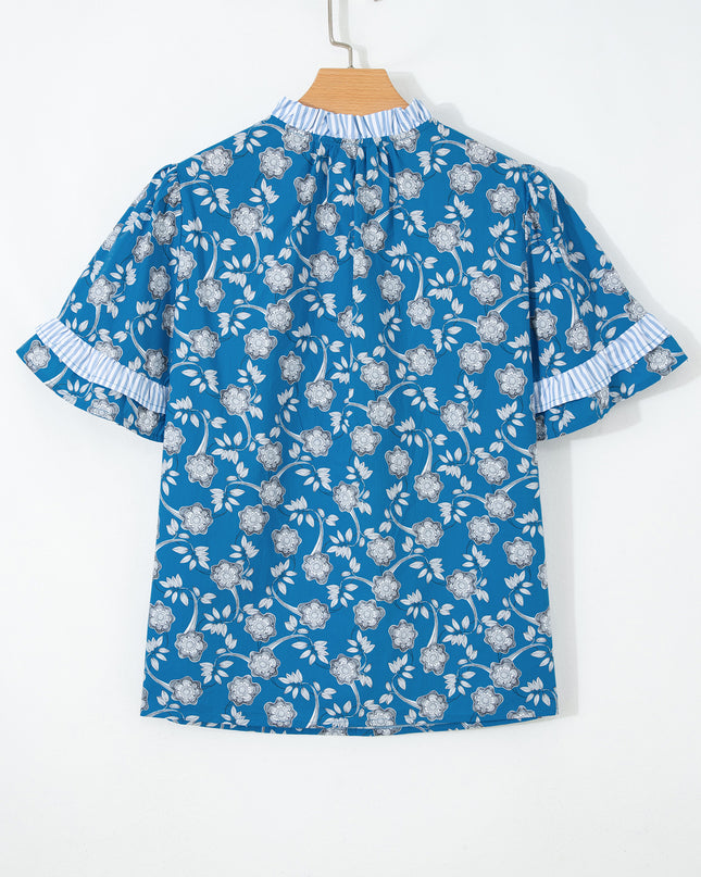 Blue Floral Print Button Tie Neck Striped Detail Short Sleeve Blouse