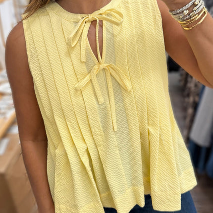 Yellow Cream Bow Tie Notched Neck Pleated Tank Top