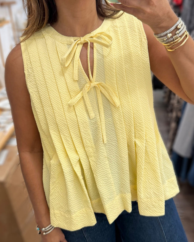 Yellow Cream Bow Tie Notched Neck Pleated Tank Top