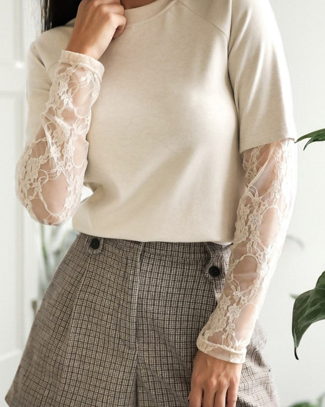 Jet Stream Solid Color Lace Patchwork Long Sleeve T Shirt