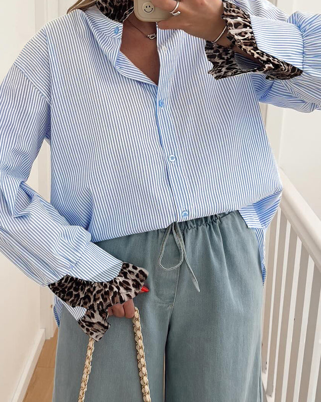 Sky Blue Stripe Ruffled Leopard Patchwork Long Sleeve Button Down Loose Shirt