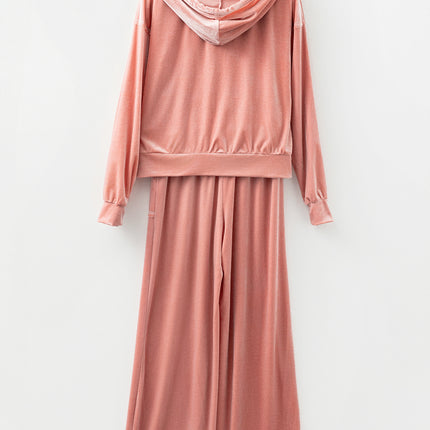 Peach Blossom Velvet Zip-up Hoodie and Wide Leg Pants Set