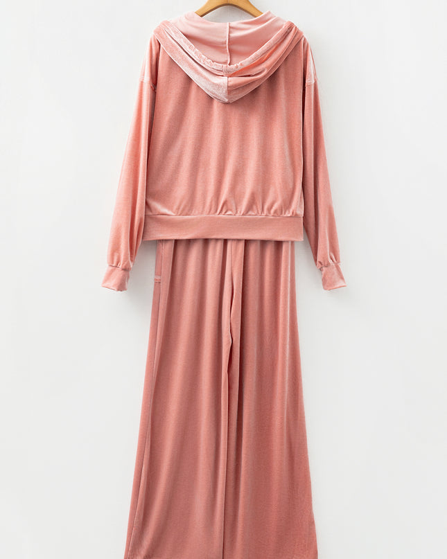 Peach Blossom Velvet Zip-up Hoodie and Wide Leg Pants Set