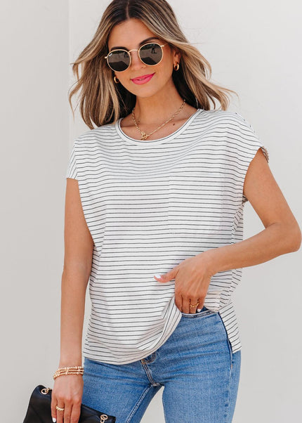White Stripe Cap Sleeve Crew Neck Casual Tee with Chest Pocket