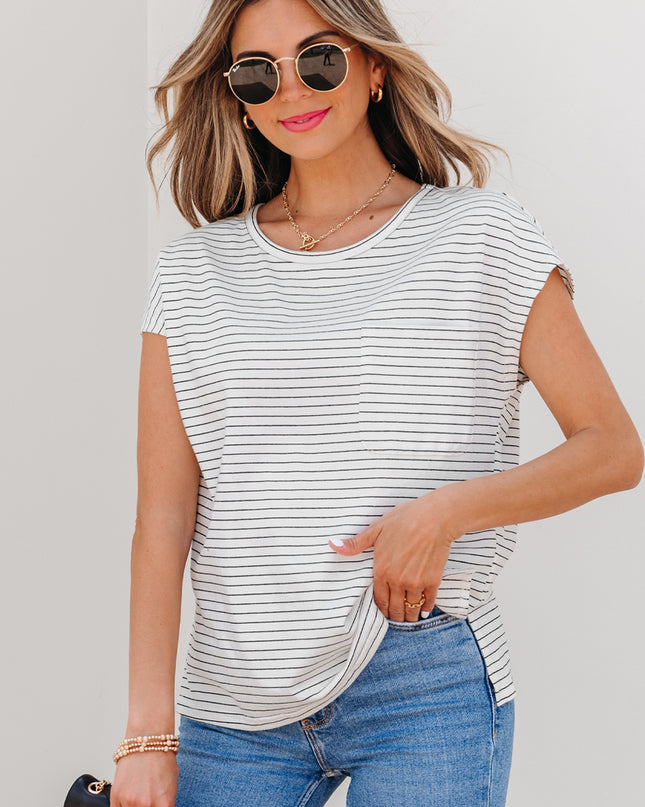 White Stripe Cap Sleeve Crew Neck Casual Tee with Chest Pocket