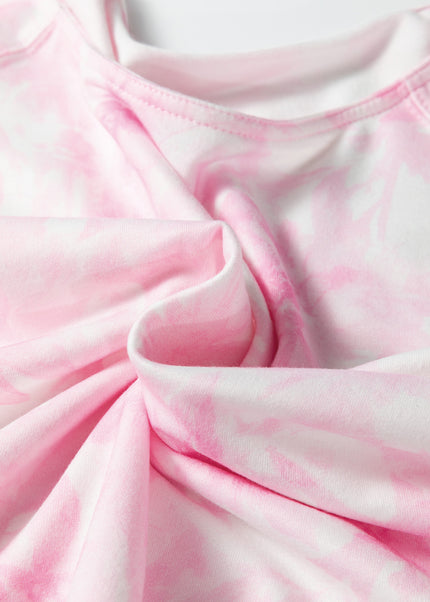 Pink Abstract Woodland Print Asymmetric Shoulder Long Sleeve Top