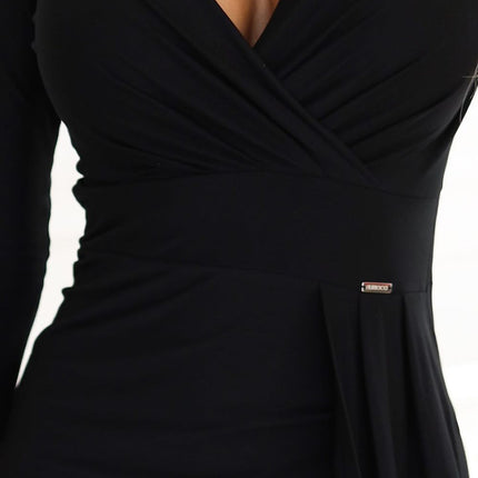 Elegant Black Long Dress with Wrap Neckline and Slit