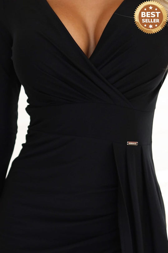 404-13 Elegant long dress with a wrap neckline and slit - black