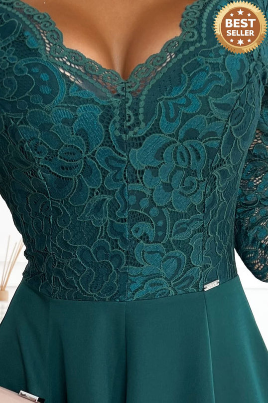 309-5 AMBER elegant lace long dress with a neckline - green