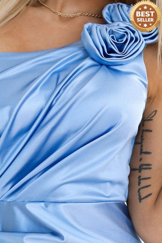 580-4 AURORA long satin one shoulder dress with roses - light blue color