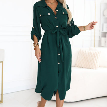 Green Midi Shirt Dress with Gold Buttons and Tie Detail