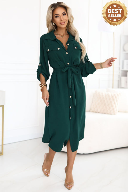 Green Midi Shirt Dress with Gold Buttons and Tie Detail