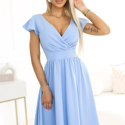 Light Blue Dress with Neckline and Short Sleeves – Matilde
