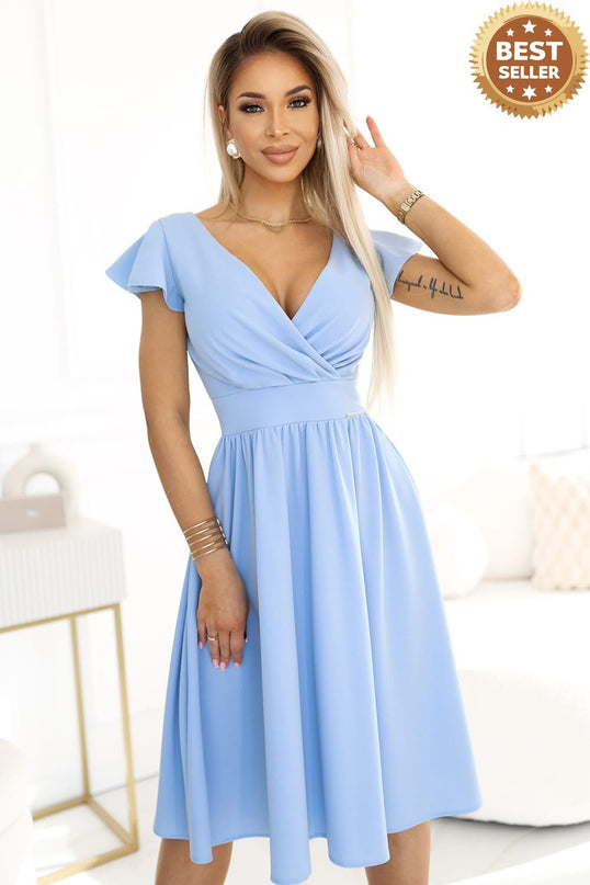 425-12 MATILDE Dress with a neckline and short sleeves - light blue