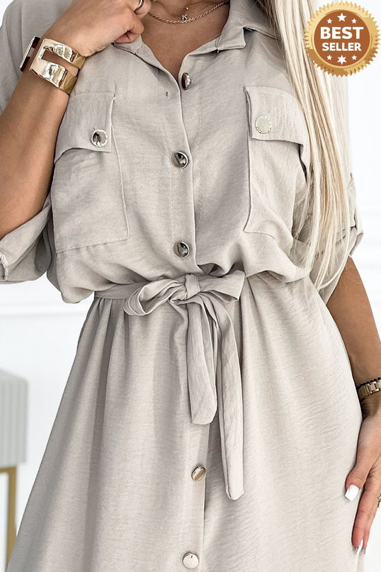 531-1 Midi shirt dress with gold buttons and ties - beige