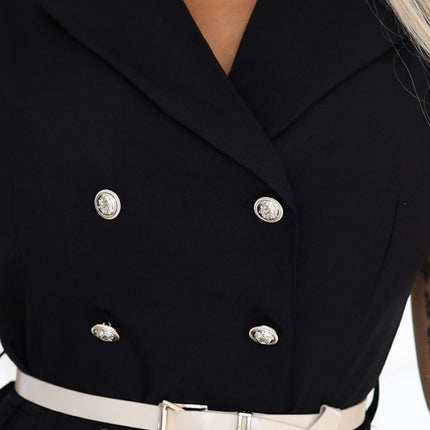 596-3 Elegant midi shirt dress with gold buttons and belt - black