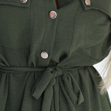 Khaki Midi Shirt Dress with Gold Buttons and Tie