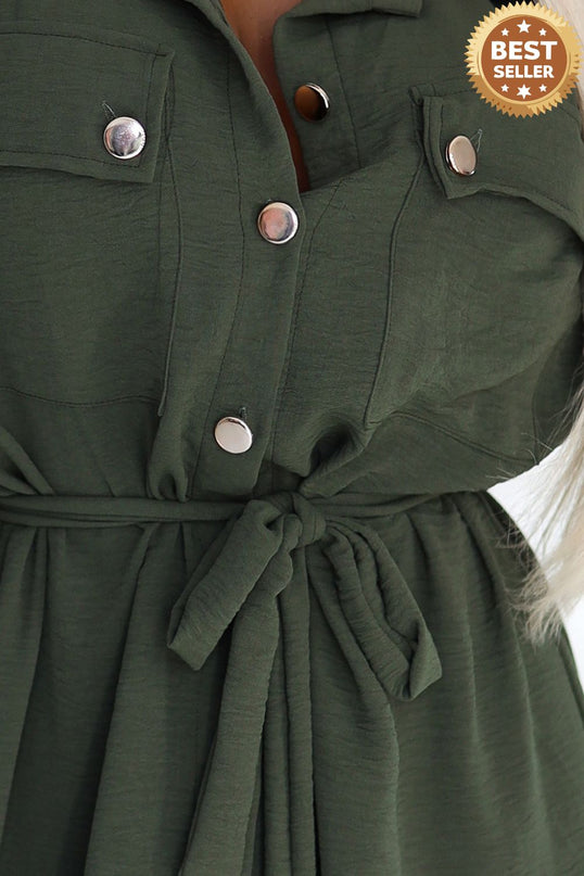 Khaki Midi Shirt Dress with Gold Buttons and Tie
