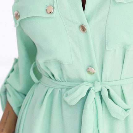Light Mint Midi Shirt Dress with Gold Buttons and Tie