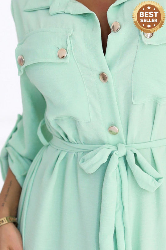 Light Mint Midi Shirt Dress with Gold Buttons and Tie