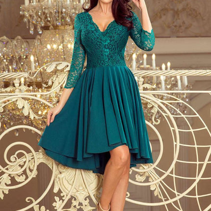 Green Dress with Lace Neckline and Longer Back – Nicolle