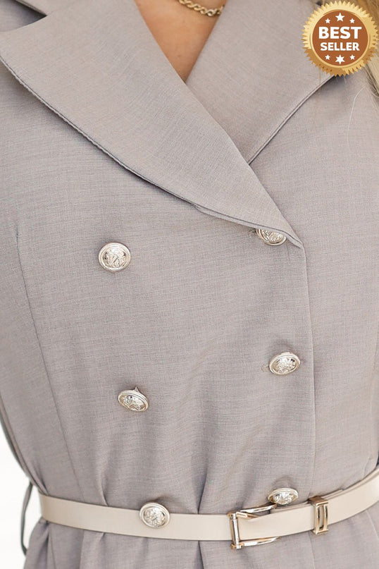 596-2 Elegant midi shirt dress with gold buttons and belt - gray beige
