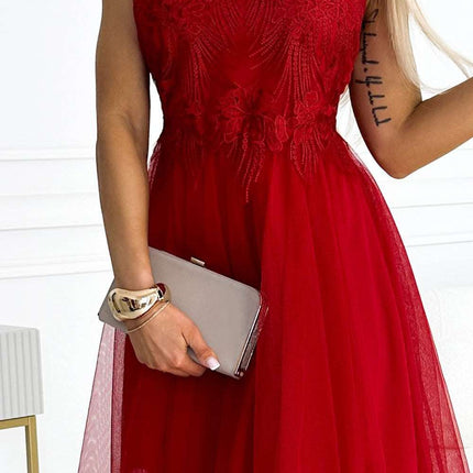 Red Dress with Guipure and Delicate Tulle – Caterina