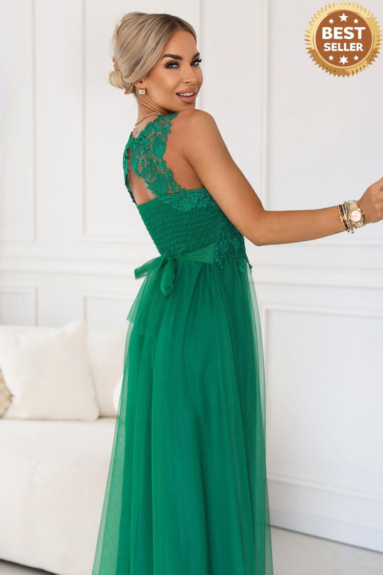 672-3 Romantic maxi wedding dress with embroidered lace and tulle - green