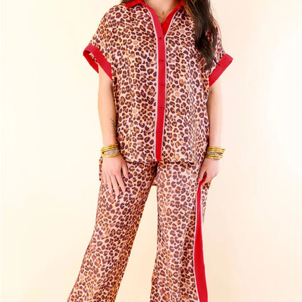 Brown Contrast Trim Leopard Top and Pant Set