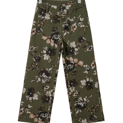 Green Vintage Floral Print Square Patch Pocket Raw Hem Shift Jeans