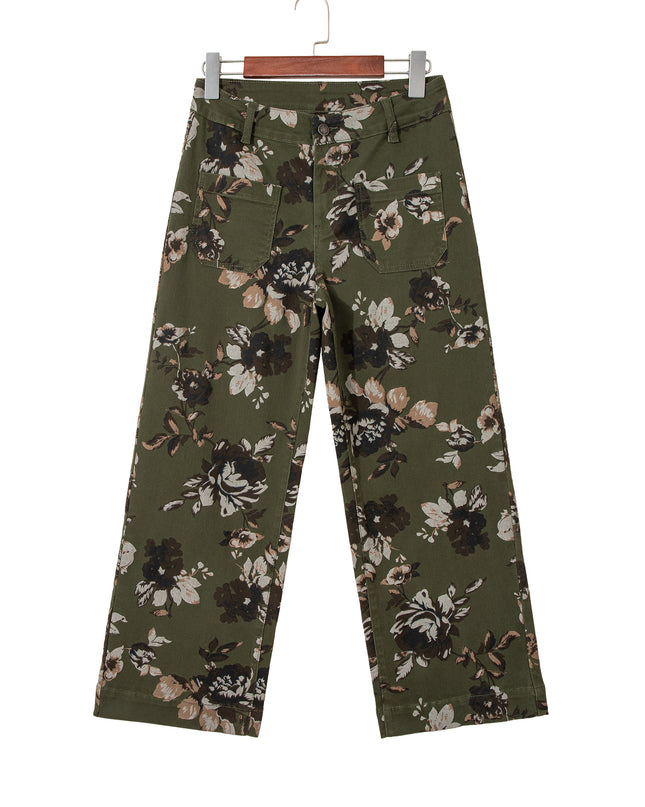 Green Vintage Floral Print Square Patch Pocket Raw Hem Shift Jeans