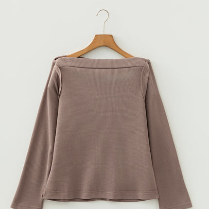 Beige Solid Color Waffle Knit Asymmetric Neck Long Sleeve Top