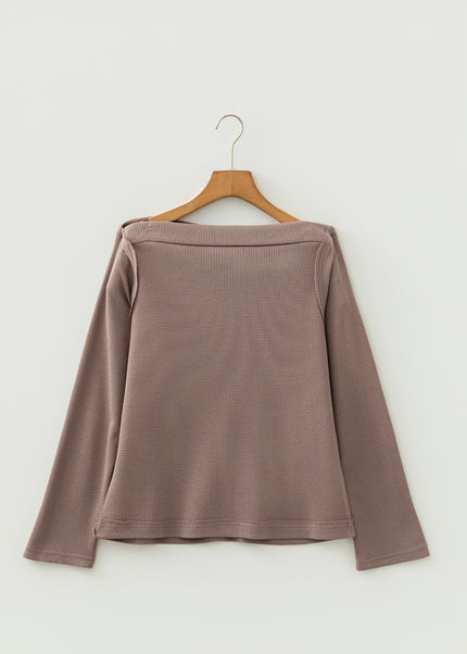 Beige Solid Color Waffle Knit Asymmetric Neck Long Sleeve Top