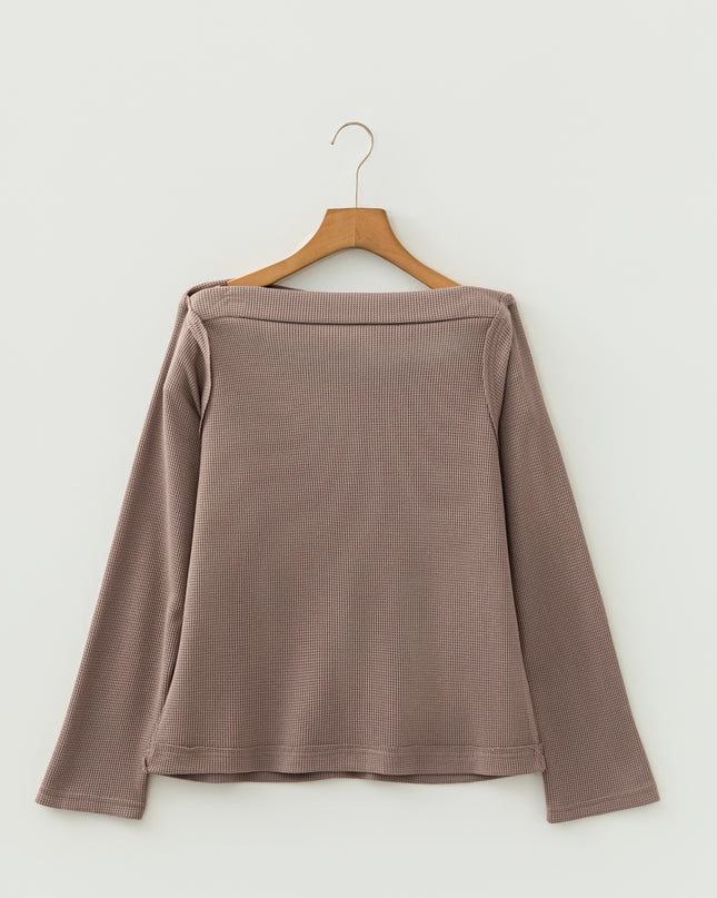 Beige Solid Color Waffle Knit Asymmetric Neck Long Sleeve Top