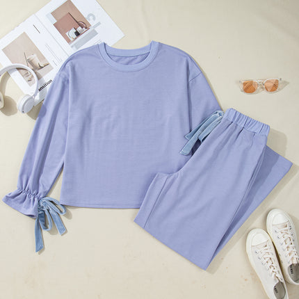 Beau Blue Flounce Long Sleeve Top Drawstring Pants Contrast Velvet Bow Knot 2pcs Lounge Set