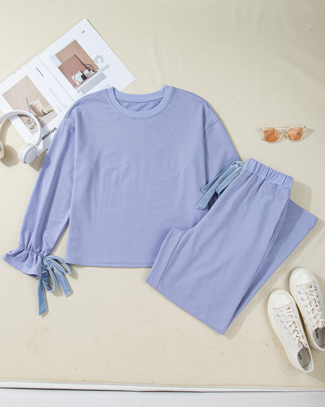 Beau Blue Flounce Long Sleeve Top Drawstring Pants Contrast Velvet Bow Knot 2pcs Lounge Set